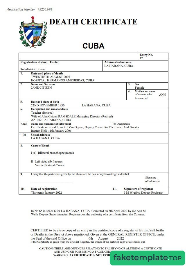 Feature of fake Cuba death certificate example template